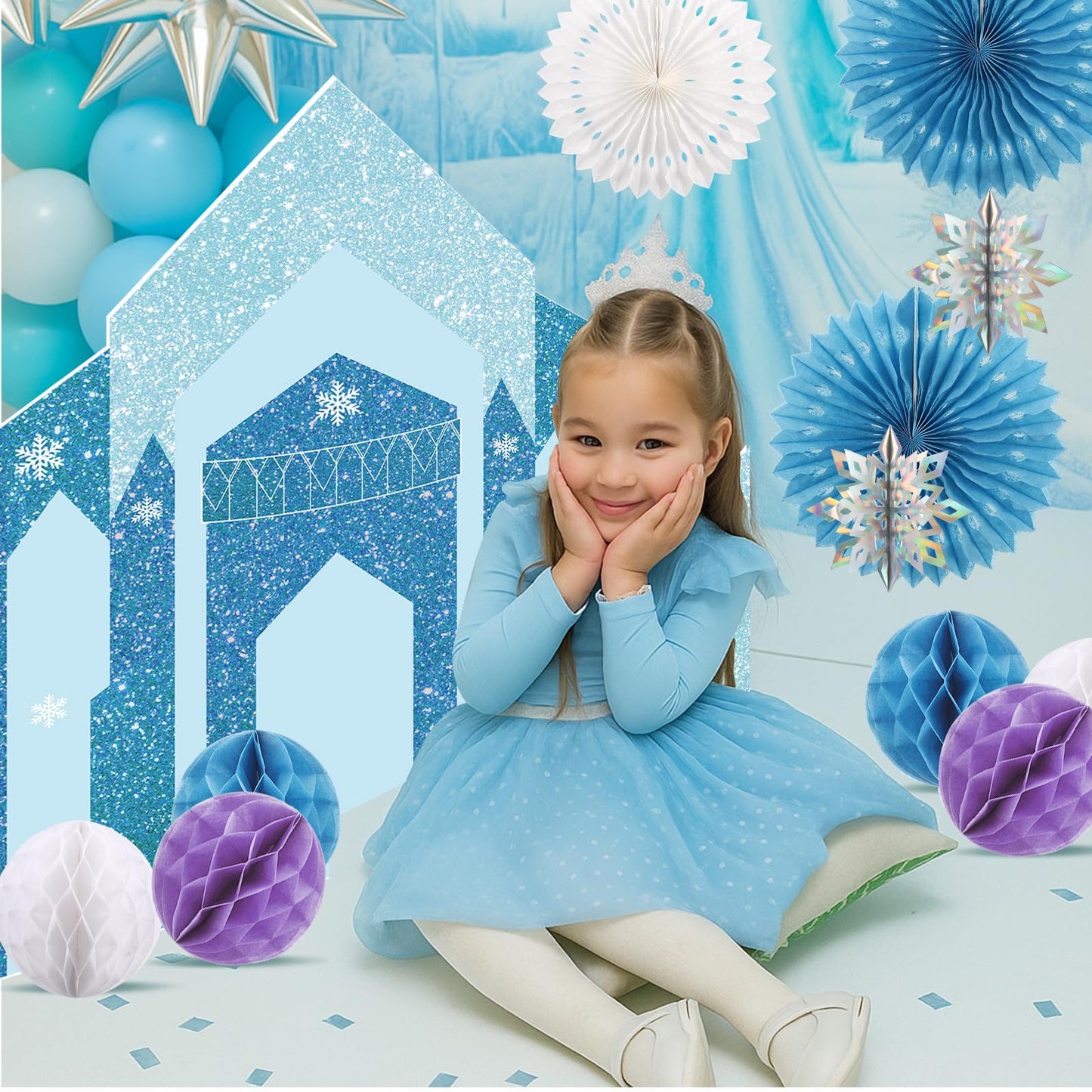 Colarr 18 Pcs Wonderland Snowflake Castle Birthday Party Decorations Winter Decorations Table Centerpiece Ice Winter Snowflake Castle Foam Board Hanging Iridescent Balls Wonderland Birthday Decor Kit
