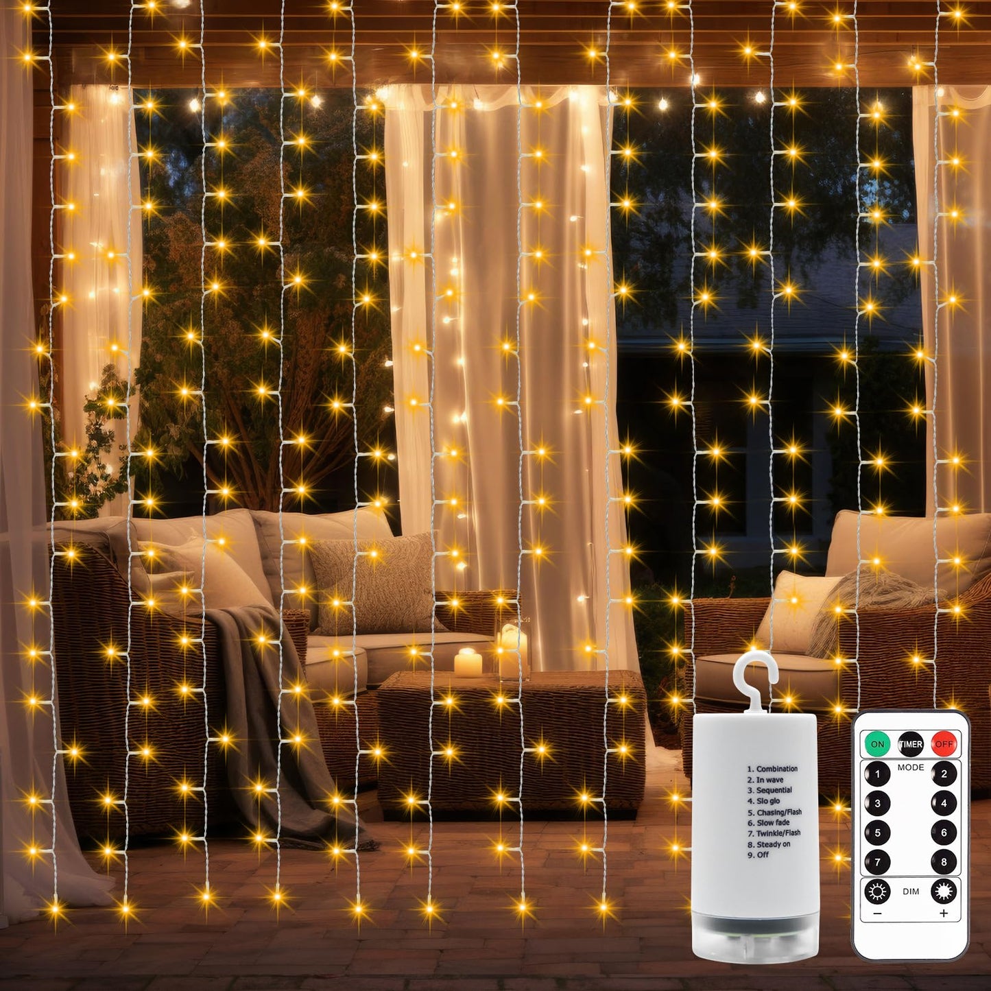 DealBeta Battery Operated Curtain Lights,9.8ft×9.8ft 300 LED Curtain Lights with Remote Timer 8 Modes, Waterproof Hanging Fairy Lights for Outdoor Indoor Wedding Christmas Decor (Warm White)
