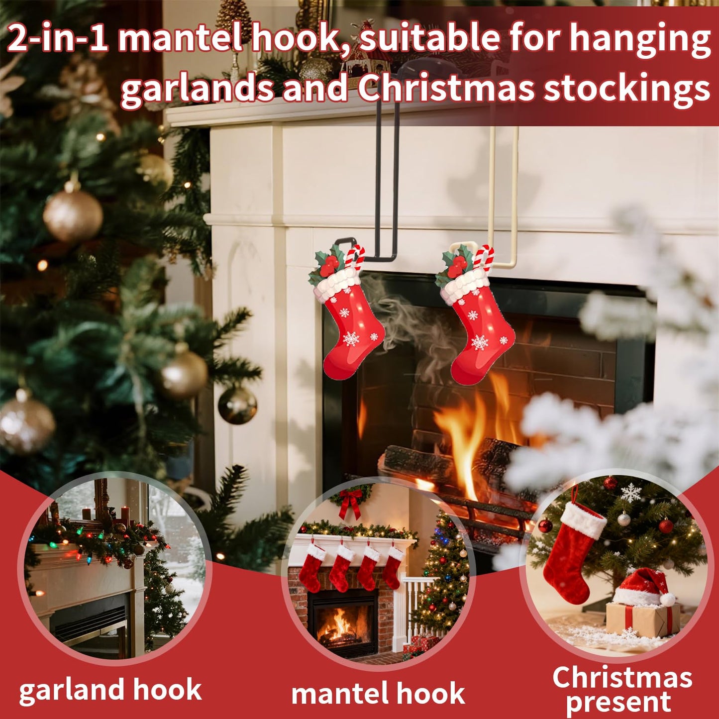 Stuzos 2 Pack Christmas Fireplace Stocking and Garland Hanger,Mantle Garland Holder for Hanging Christmas Stockings (Black Walnut*1PCS+Wood Tone*1PCS, M)
