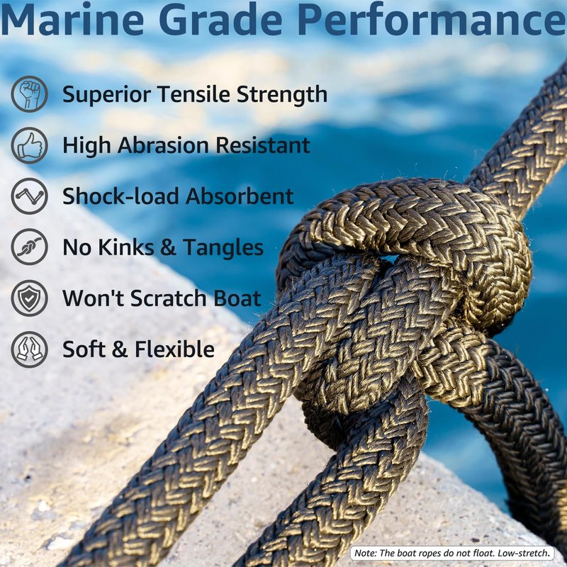 PACTHSD 4 Pack 3/8" x 20' Dock Lines - Marine Grade Nylon Boat Rope with 12" Loop for Docking and Mooring - Double Braided Boat Lines, High Strength, Easy Handling, Fray Resistant - Black