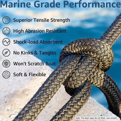 PACTHSD 4 Pack 3/8" x 20' Dock Lines - Marine Grade Nylon Boat Rope with 12" Loop for Docking and Mooring - Double Braided Boat Lines, High Strength, Easy Handling, Fray Resistant - Black