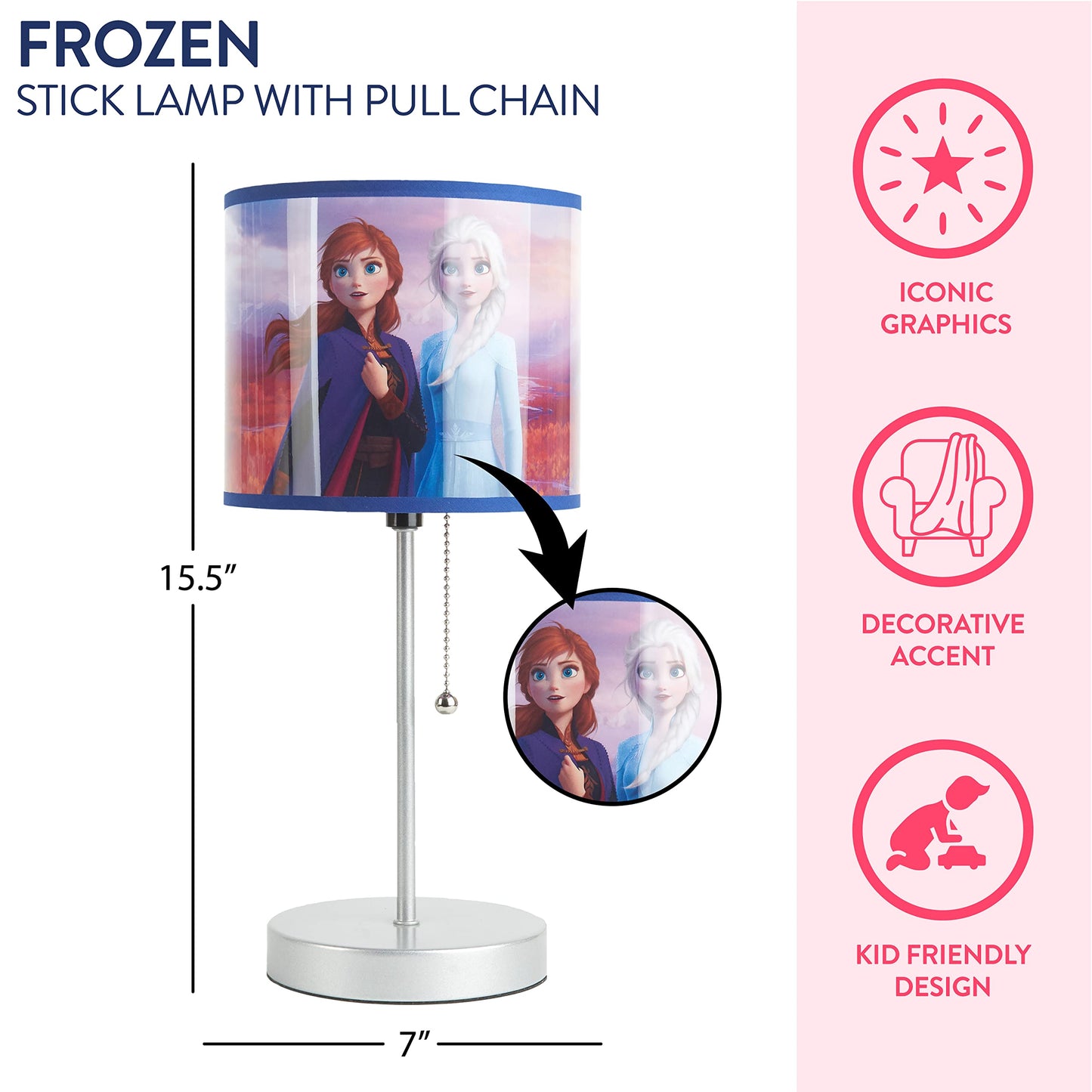 Frozen 2 Stick Table Kids Lamp with Pull Chain, Metal, Themed Printed Decorative Shade