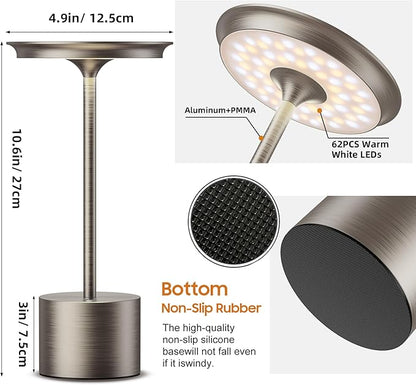 Cordless Table Lamp, Portable Rechargeable 6000mAh Outdoor Table Lamp, 3 Color Stepless Dimming Battery Powered Lamp, LED Table Light for Dinner/Bedroom/Restaurant/Outdoor (Silver)