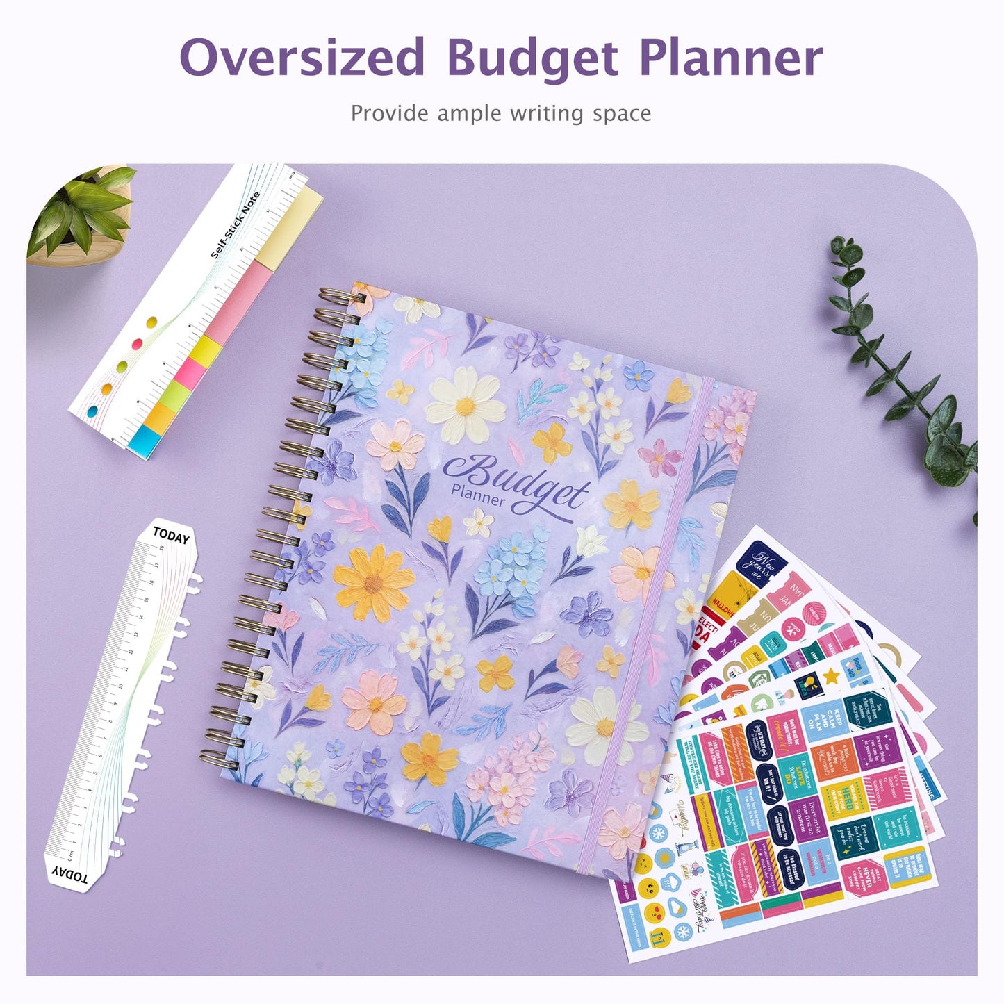 Ospelelf Budget Planner Undated, Money Expense Tracker with Pocket & Stickers, Thick Cardboard Cover, Large Pages for Spacious Writing, Original Fun Colorful Design, 12 Month Financial Notebook, Purple Floral