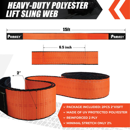 2 Pack 2”x15FT Supper Sturdy Lift Sling Straps, 18800 Pound Capacity Heavy Duty Eye-Eye Nylon Strap for Hoist, 2-Ply Polyester Rigging Straps, Tree Saver Recovery Straps Web Sling Winch