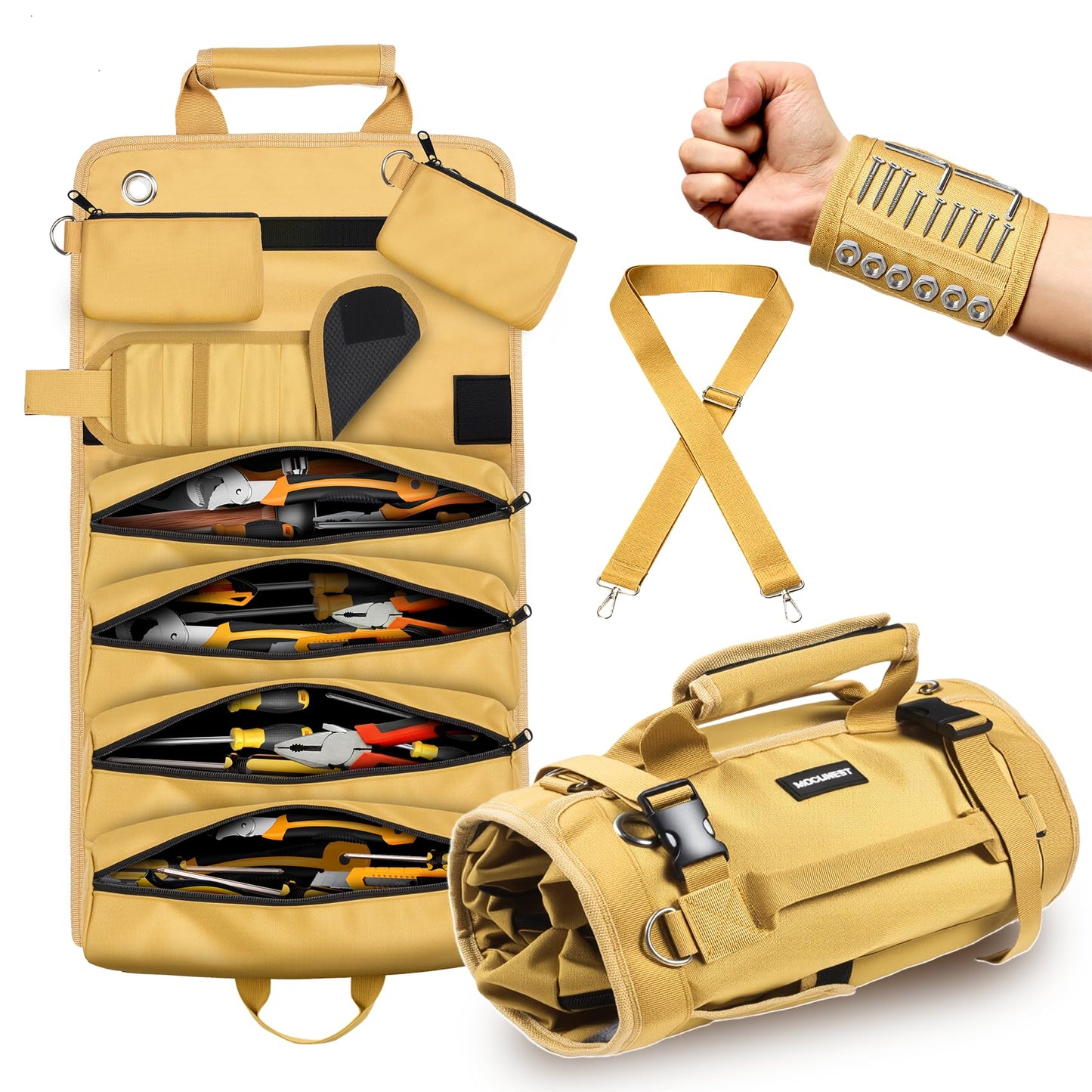 Tool Bag Roll Up Large Heavy Duty, Waterproof Oxford Fabric Tool Storage Organizer with Shoulder Strap Detachable Magnetic Wristband, Foldable Carrying Toolbag for Car Mechanic And Electrician(Khaki)