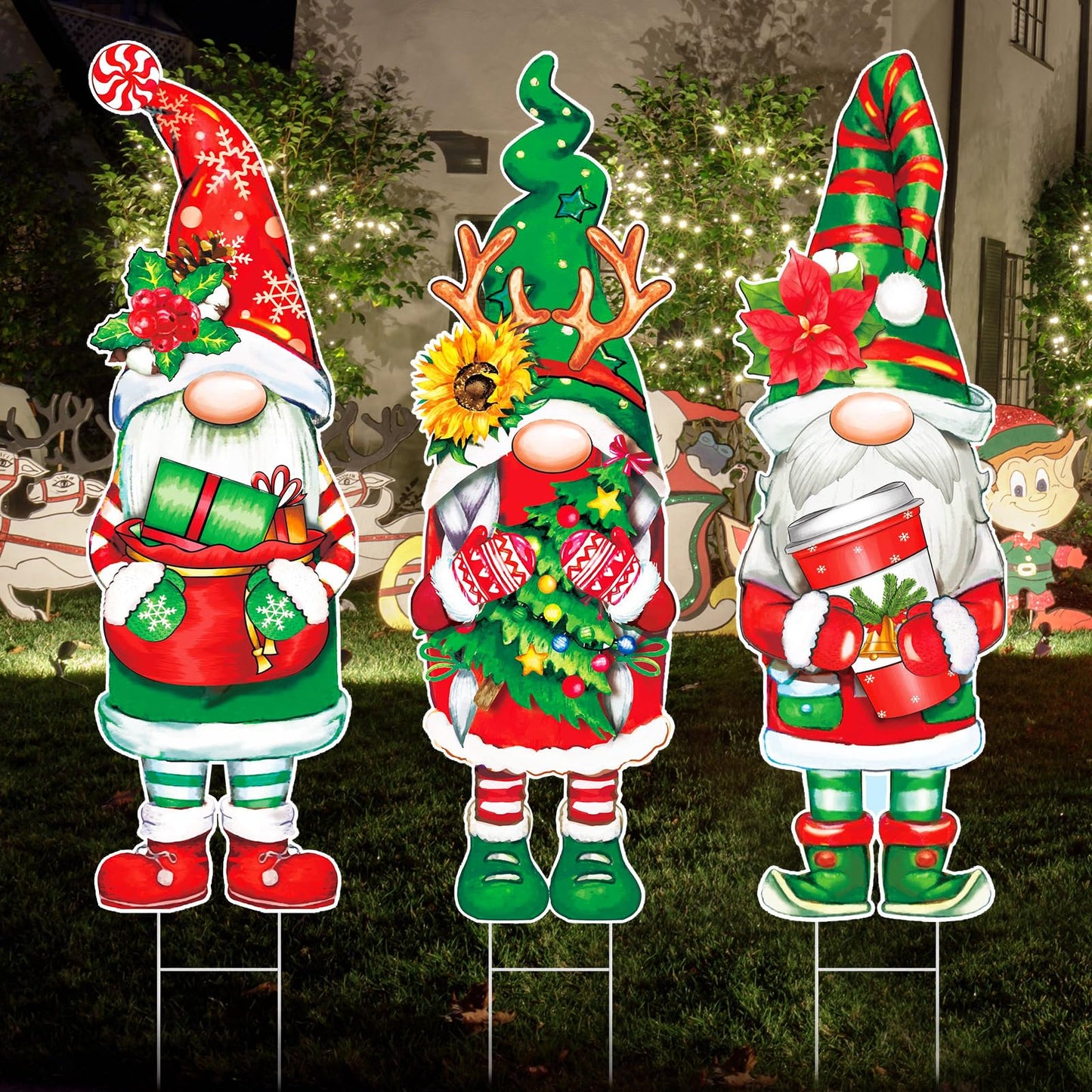 Umigy 3 Pcs Christmas Yard Sign Outdoor Gnome Signs With Stakes 32 x 10'' Santa Decorations Xmas Pathway Walkway Decor Eve Party Favors for Lawn Garden Patio