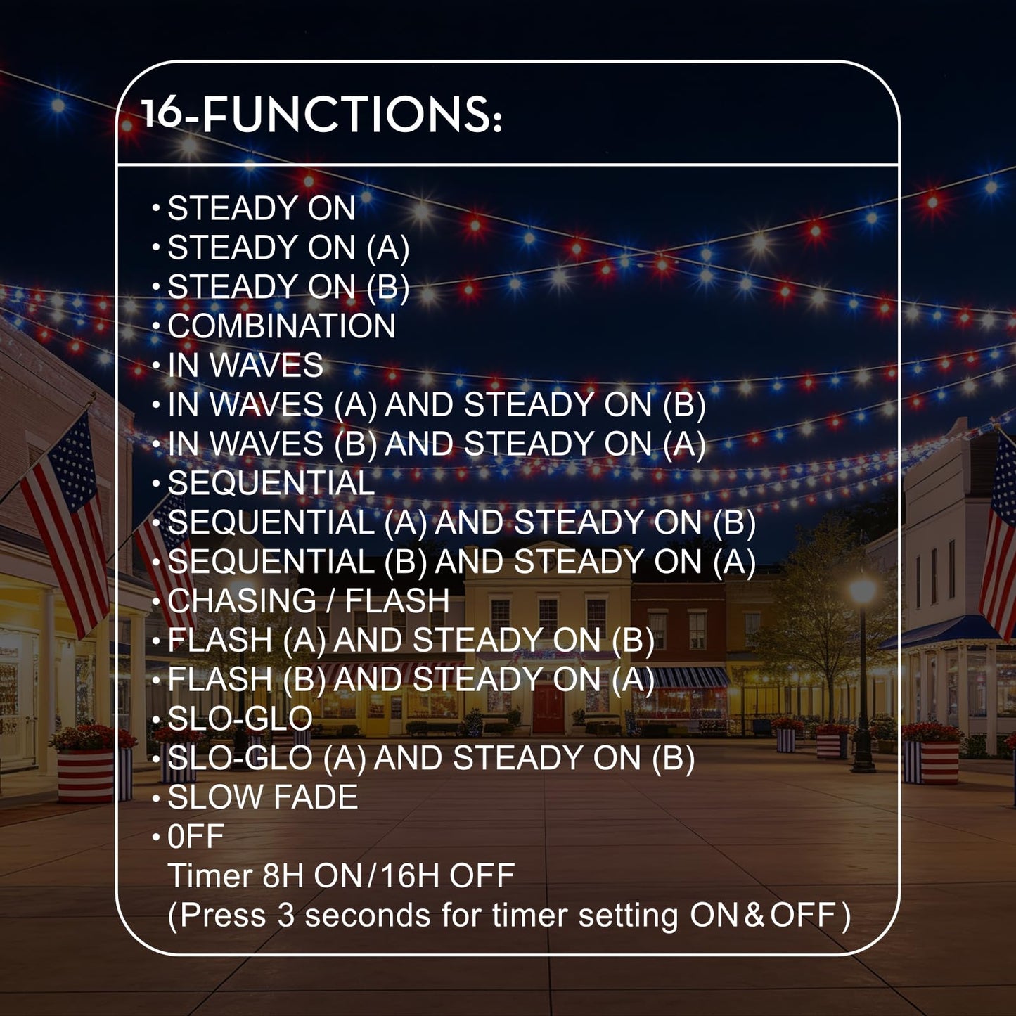 TWINGLEHOME 99ft (30 m) 300 LED String Lights with Clear Wire, 4" Spacing, Multifunctional Lighting Modes (Red, Cool White, Blue), Plug-in for Indoor Holiday, Nation Day