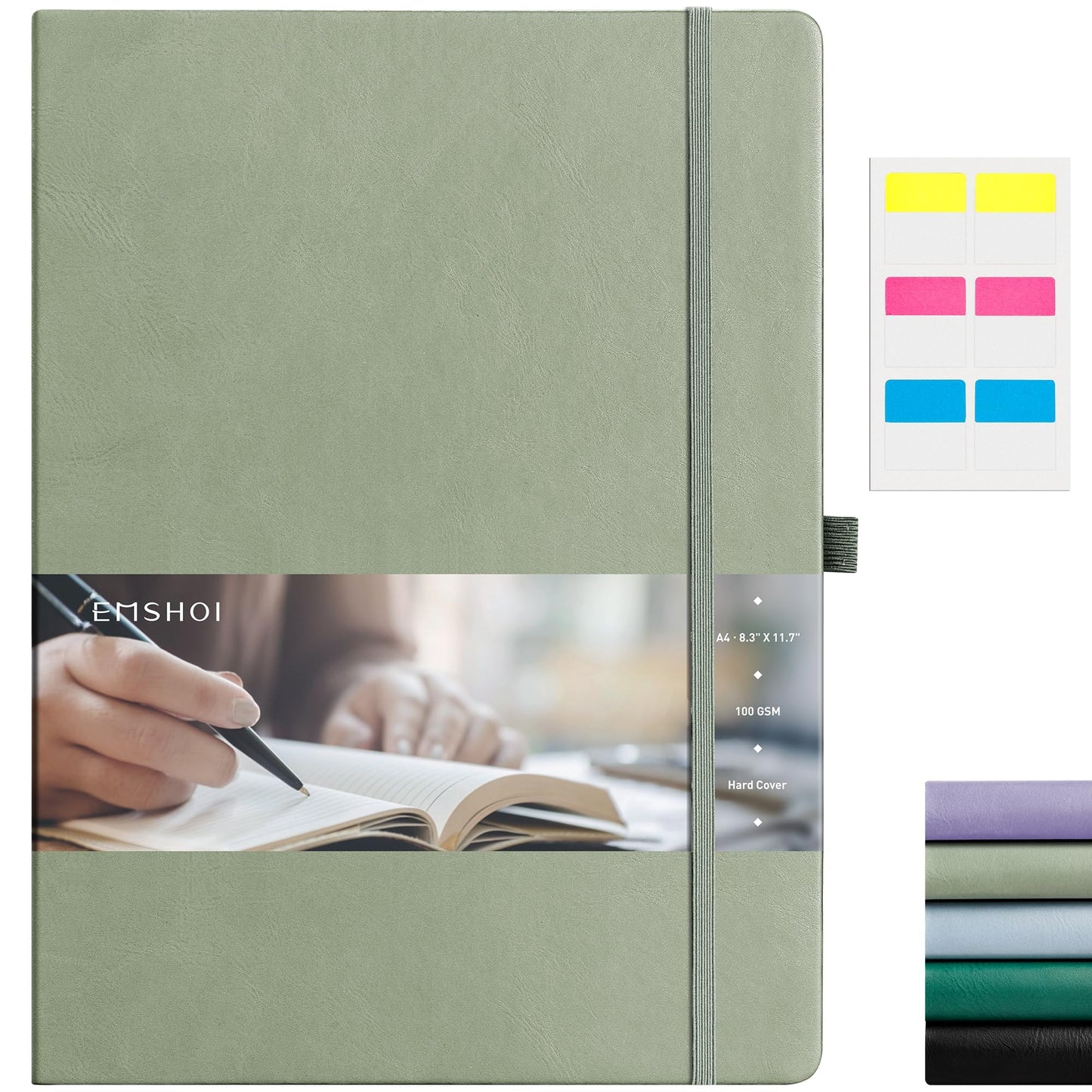 EMSHOI A4 College Ruled Notebook, Large 8.3" x 11.7", 192 Pages 100GSM Ink-Proof Faux Leather Hardcover Lay-Flat Lined Journal for Office School Work Writing, Green