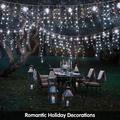 KiflyTooin Solar Christmas Lights Outdoor Waterproof Christmas Decorations Curtain Lights 320LED 29.5ft 60 Drops, Solar Powered Rechargeable Fairy Lights for Party, Wedding, Home Decorations(White)