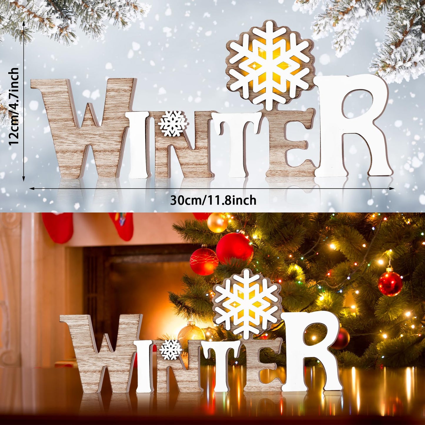 Geetery White Winter LED Wooden Sign Rustic Wooden Words Sign Tabletop Centerpiece Decor Snowflake Decorations for Winter Christmas Table Home Indoor Party