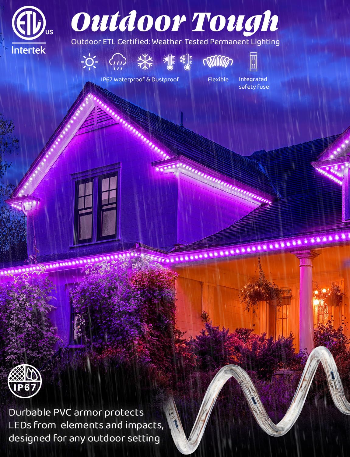 WYZworks 576LEDs, 50ft LED Outside Rope Lights, Waterproof Permanent Outdoor ETL Certified Connectable Clear Tube, Christmas Palm Tree Holiday Decorative Landscape Patio Accent Lighting - Purple