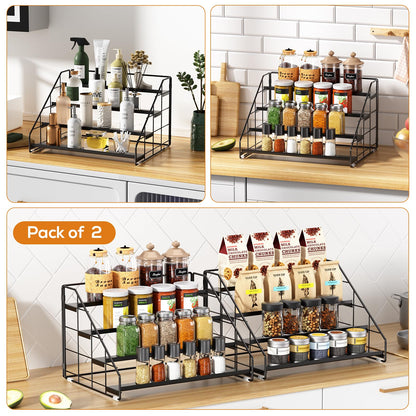 Spice Rack Organizer for Cabinet, 4 Tiered Spice Rack Organizer, Tiered Adjustable Spice Shelf for Kitchen Countertop Pantry Organization (Bright Black)