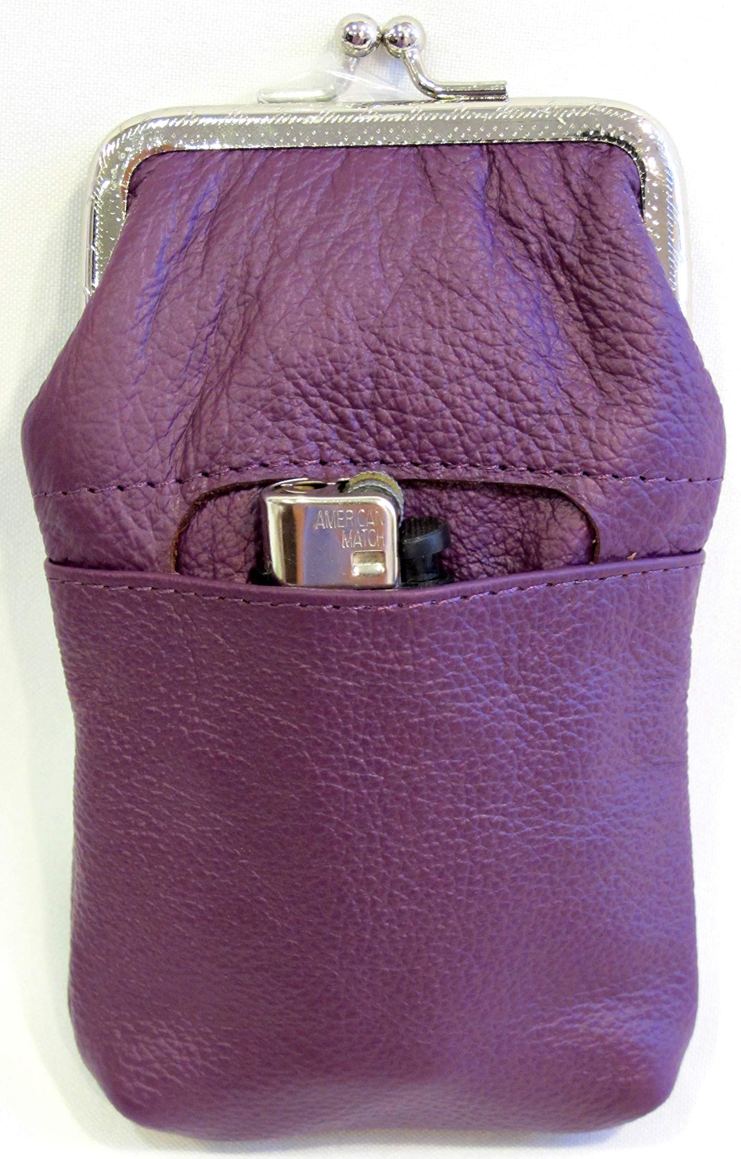 Women 100% Pure Leather Cigarette Case Lighter Match Pocket Zipper Coin Pouch -4 Color (Purple)