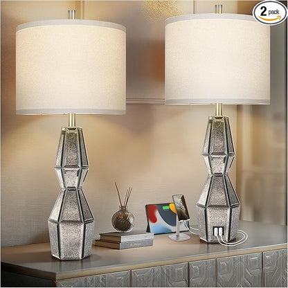 28" Vintage Table Lamps for Bedroom,Antique Bedside Lamp for Living Room with USB A+C Ports,Glass Table Lamps with Linen Shade,3-Way Dimmable Bulb,Nightstand Lamp for Home Hotel Decor(Bulb Included)