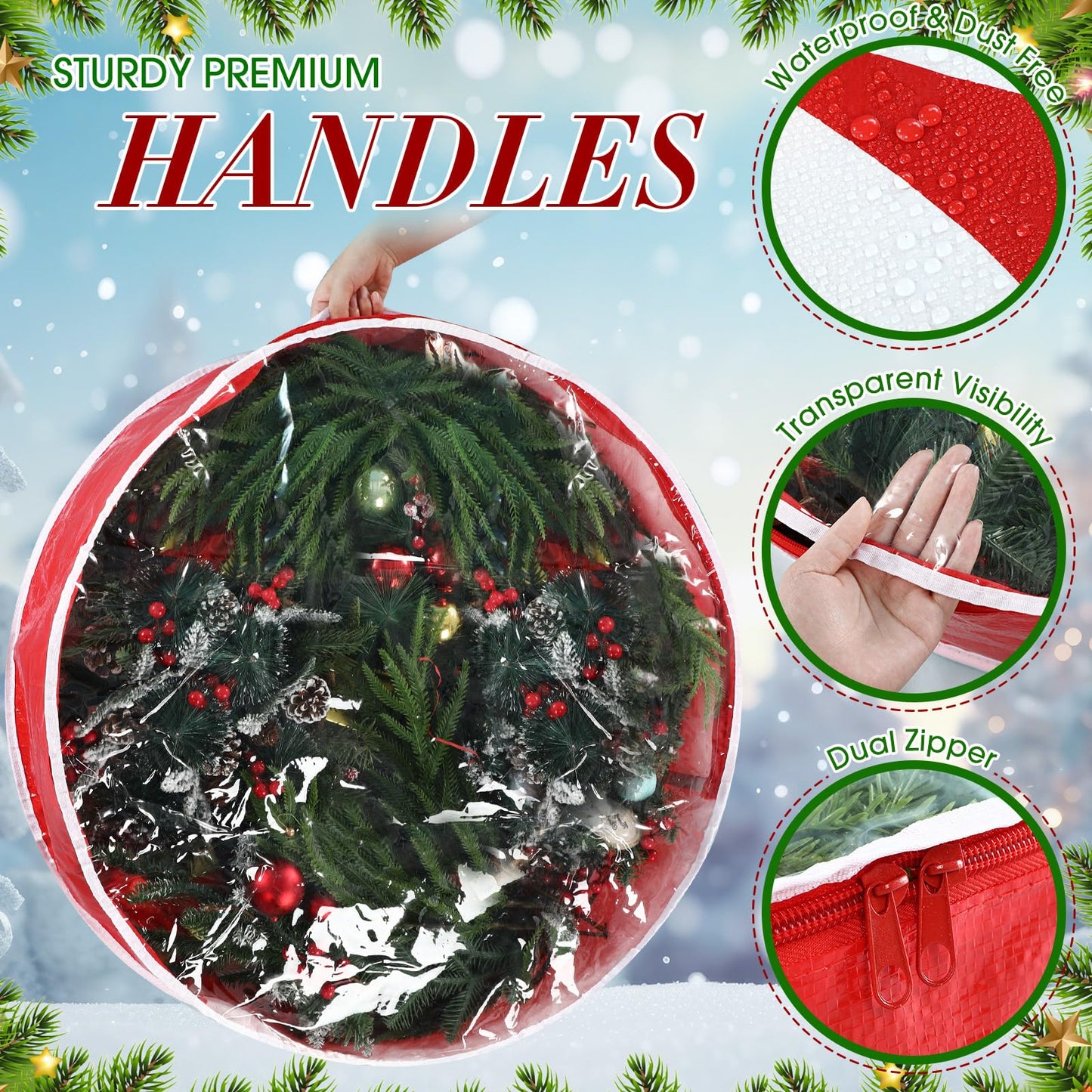 Yoojahow 4 Pcs 24 Inch Christmas Wreath Storage Bag Candy Cane Wreath Storage Container Clear Window Dual Zipper Handle Red White Peppermint Garland Organizer for Holiday Decoration, Cute Lollipop