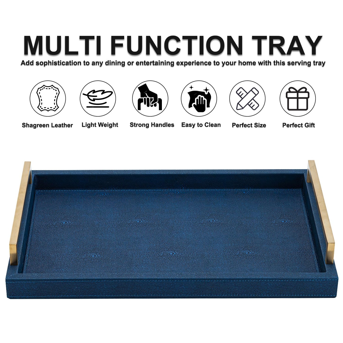 XIGEXIGE Navy Blue Decorative Serving Tray, Shagreen Leather Coffee Table Tray, Rectangle for Home Decor
