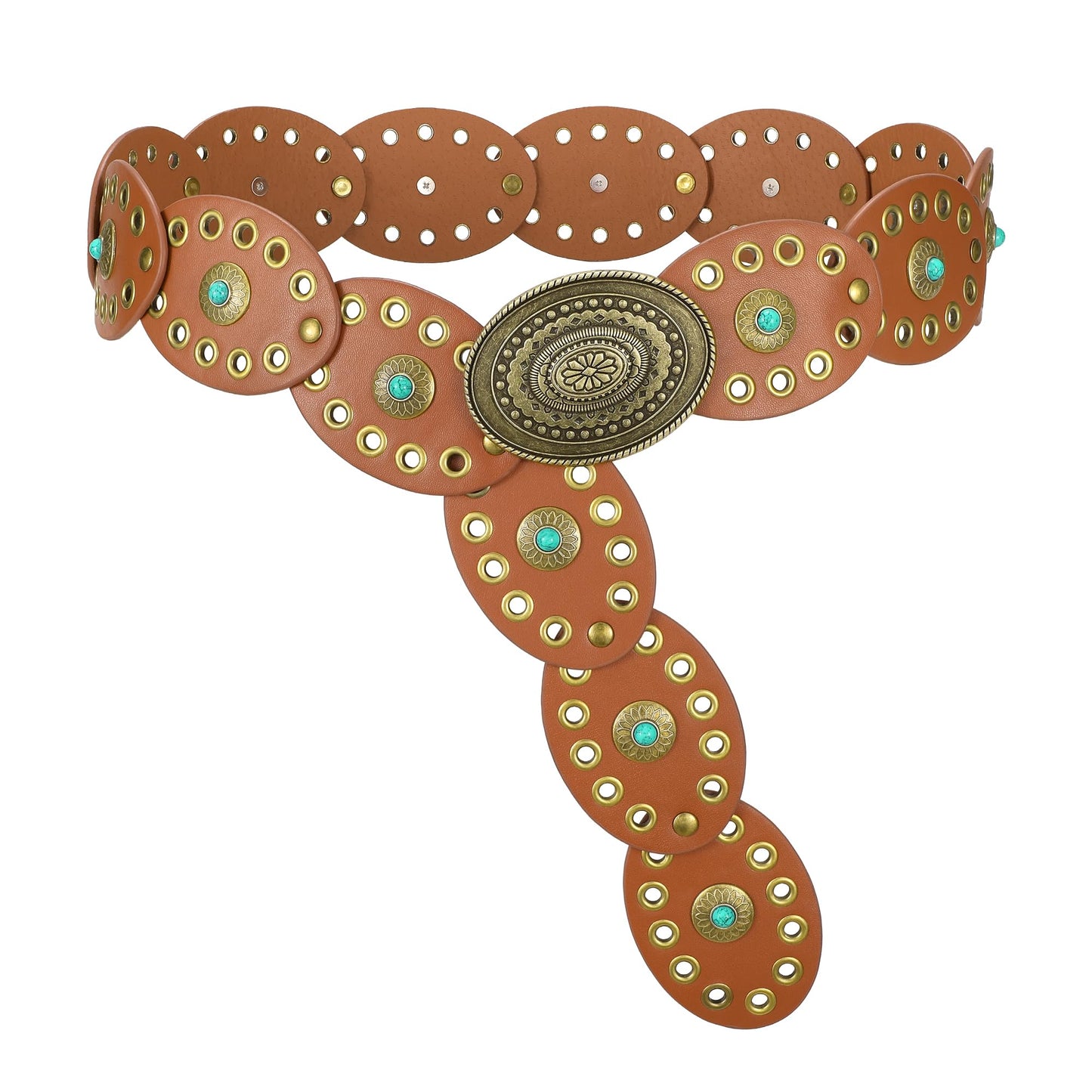 TRIWORKS Western Belts for Women Wide Cowgirl Disc Belt with Turquoise Boho Concho Leather Belt Country Belt for Dress