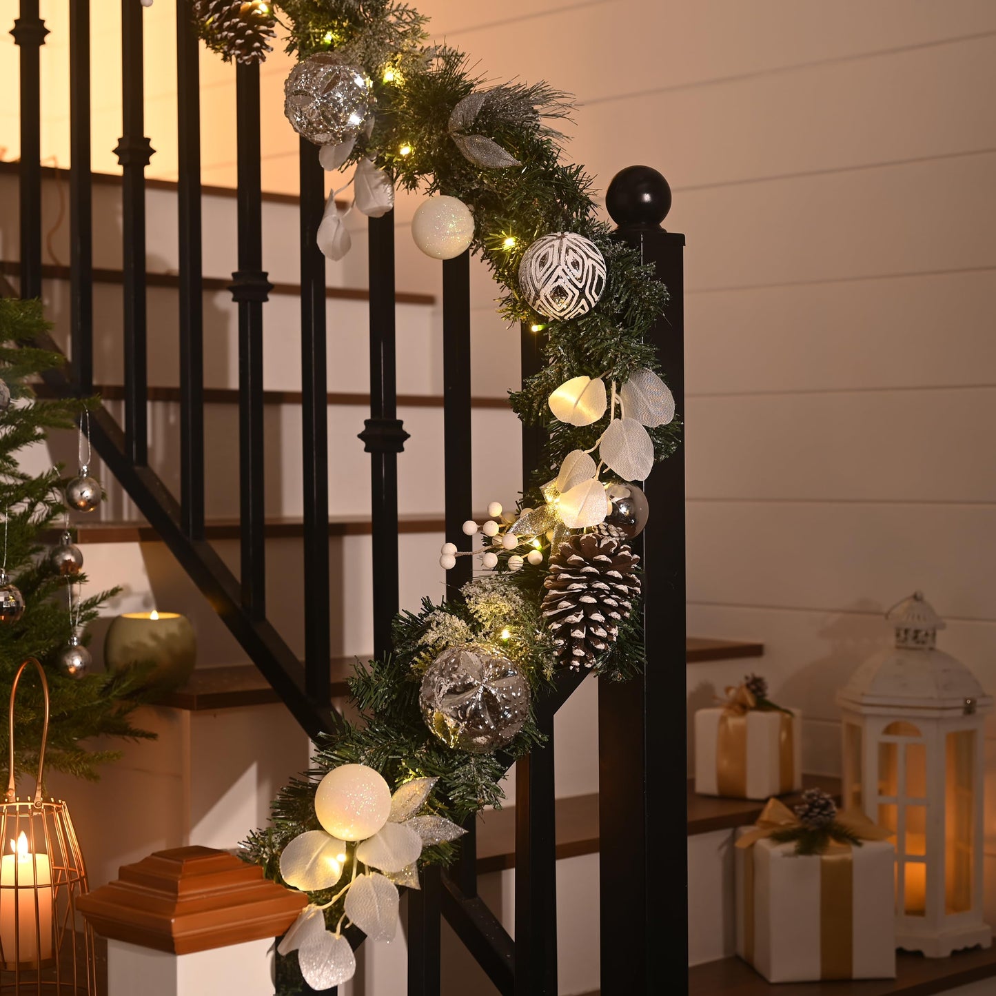 Valery Madelyn 9 Feet Pre-Lit Christmas Garland with Lights for Mantle, Lighted Outdoor Xmas Garland with Snowy White Ball Pinecones for Home Stairs Fireplace Table Centerpiece Indoor Holiday Decor