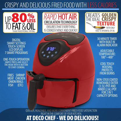 Deco Chef 5.8QT (19.3 Cup) Digital Electric Air Fryer with Accessories and Cookbook- Air Frying, Roasting, Baking, Crisping, and Reheating for Healthier and Faster Cooking (Black)