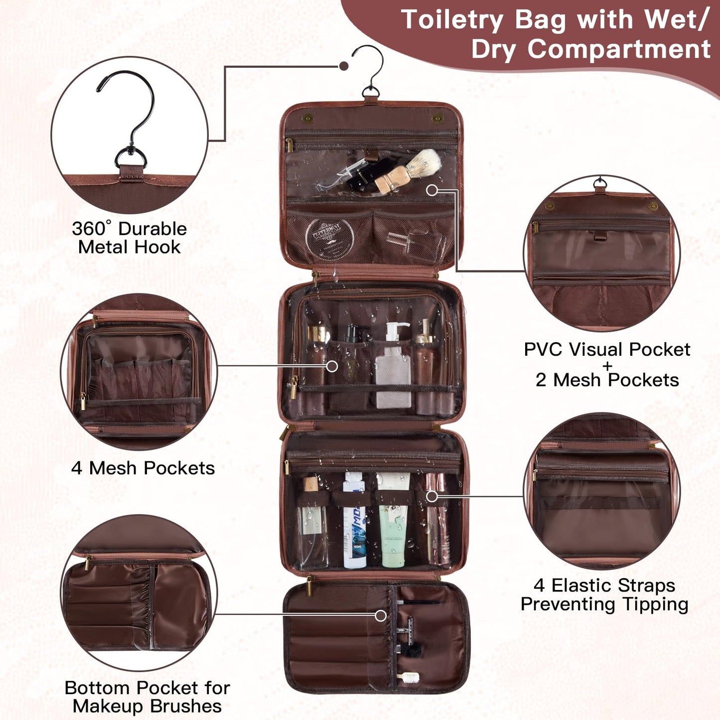 Aganmi Personalized Gifts for Men Hanging Toiletry Bag, Custom Waterproof PU Leather Dopp Kit with Laser Engraved Name, 3-in-1 Detachable Shaving Bag Gifts for Husband Dad Groomsmen Reddish Brown