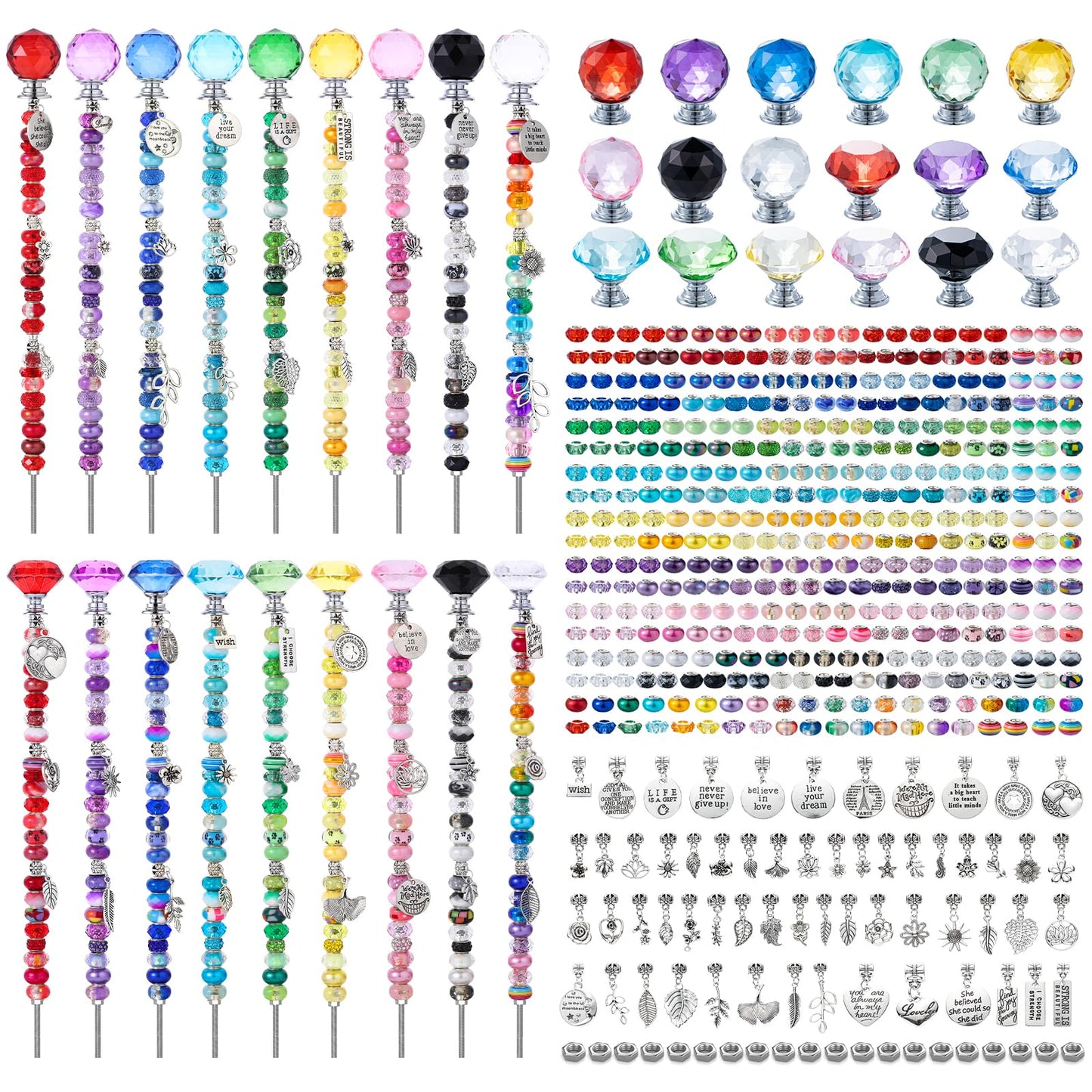 513Pcs DIY Beaded Garden Stakes, Fairy Wand Kit Garden Stakes Decorative with 18 Threaded Rod, Crystal Top, Large Holes Bead for Christmas Plants Garden Outdoor&Indoor Decorative（12IN）