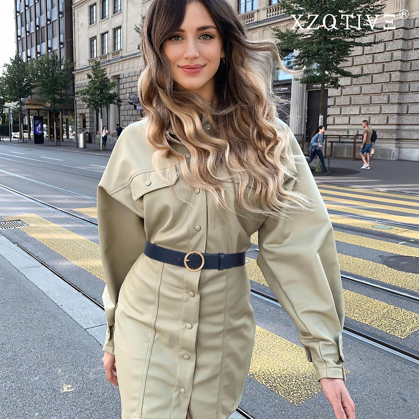 XZQTIVE Women Leather Belt with Circle Gold Buckle Fashion Ladies Waist Belt for Jeans Pants Dresses，Navy