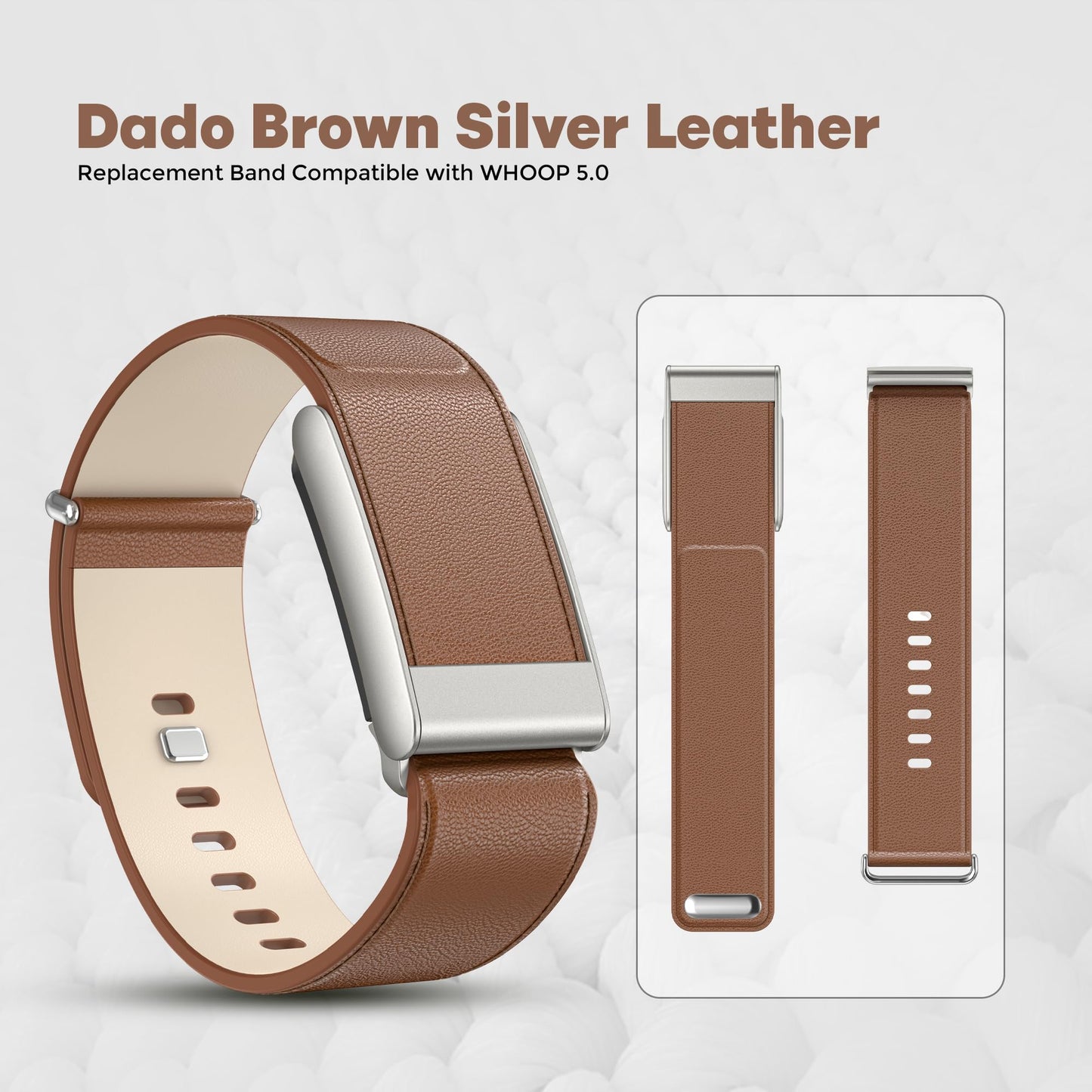 DADO Luxe Tapered Leather Replacement Band Compatible with WHOOP 5.0, One, Peak, and Life Fitness Tracker – Durable & Comfortable | Not for Whoop Gen 4 (Brown Silver, One/Peak)
