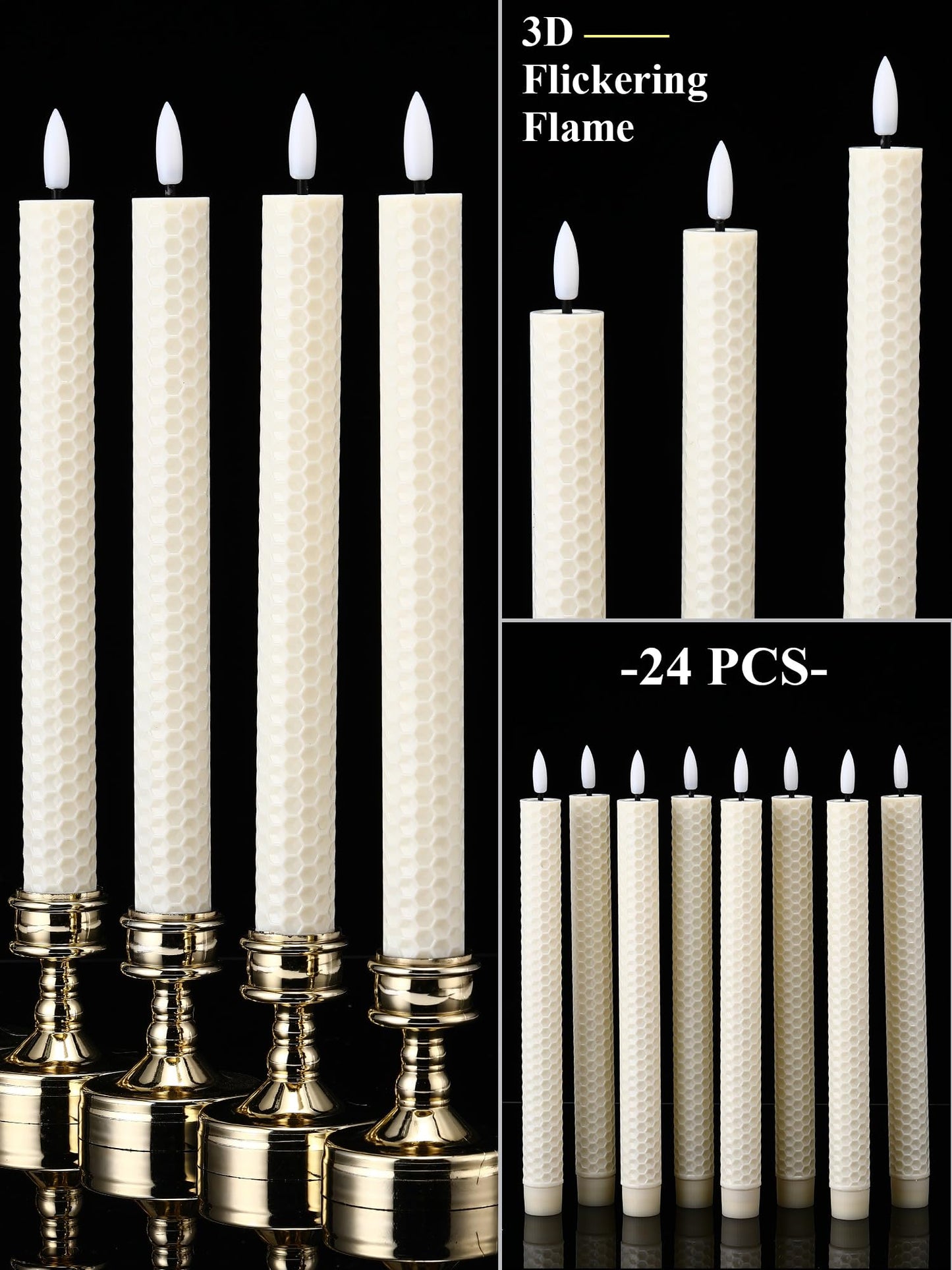Treela 24 Pcs Flameless Taper Candles Battery Operated Bulk Fake Candles Light LED Candle Sticks Flickering Tapered for Easter Wedding Anniversary Decoration(Honeycomb,10 Inch,Ivory)