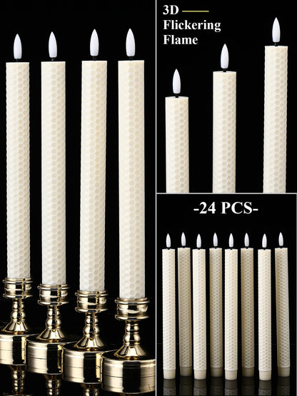 Treela 24 Pcs Flameless Taper Candles Battery Operated Bulk Fake Candles Light LED Candle Sticks Flickering Tapered for Easter Wedding Anniversary Decoration(Honeycomb,10 Inch,Ivory)