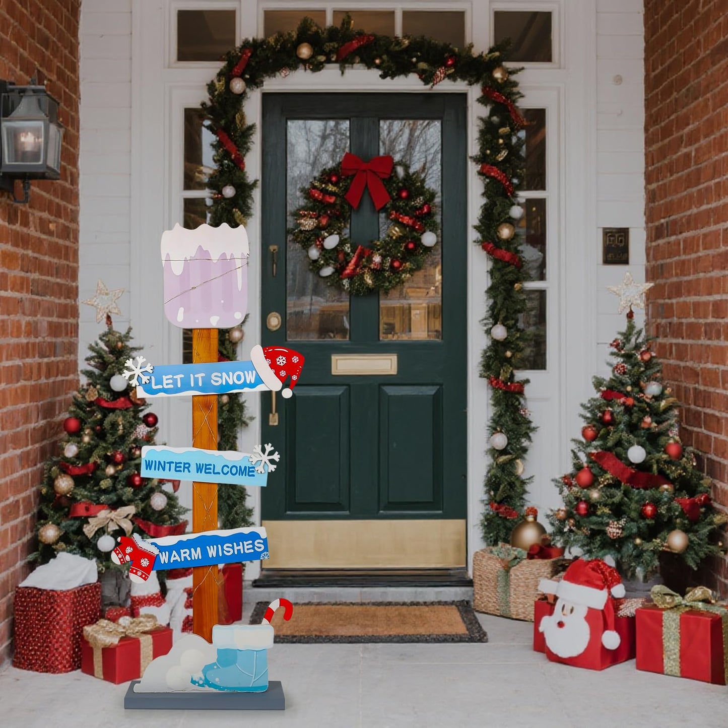 Lighted Wooden Christmas Porch Sign | Let It Snow Winter Welcome Porch Decor |Xmas Hat Gloves Candy Cane Wood Signs for Winter Wonderland Bule Christmas Decorations
