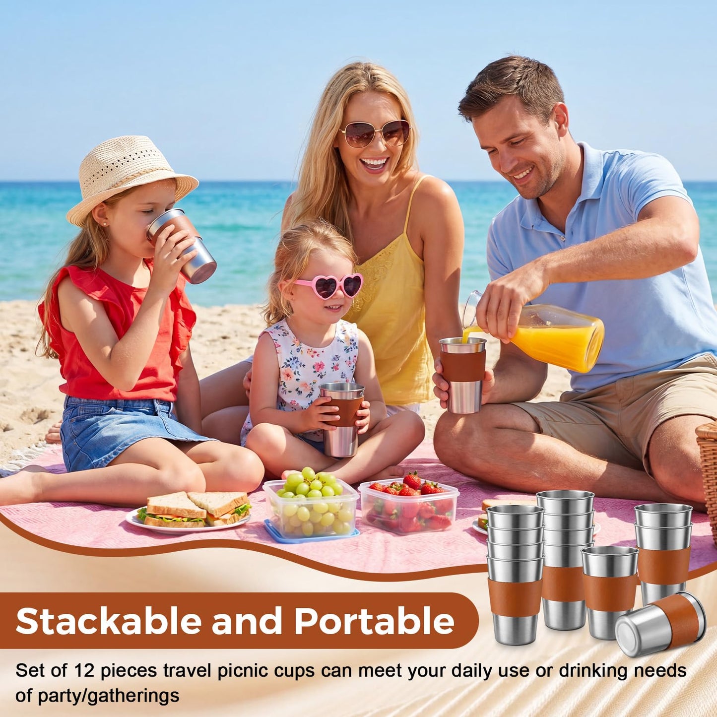 Mifoci 6 Pcs 16 oz Stainless Steel Pint Cups with PU Leather Sleeves Stainless Steel Cups Unbreakable Metal Cup Tumblers Stackable Drinking Glasses for Bar, Home, Restaurant, Travel, Camping