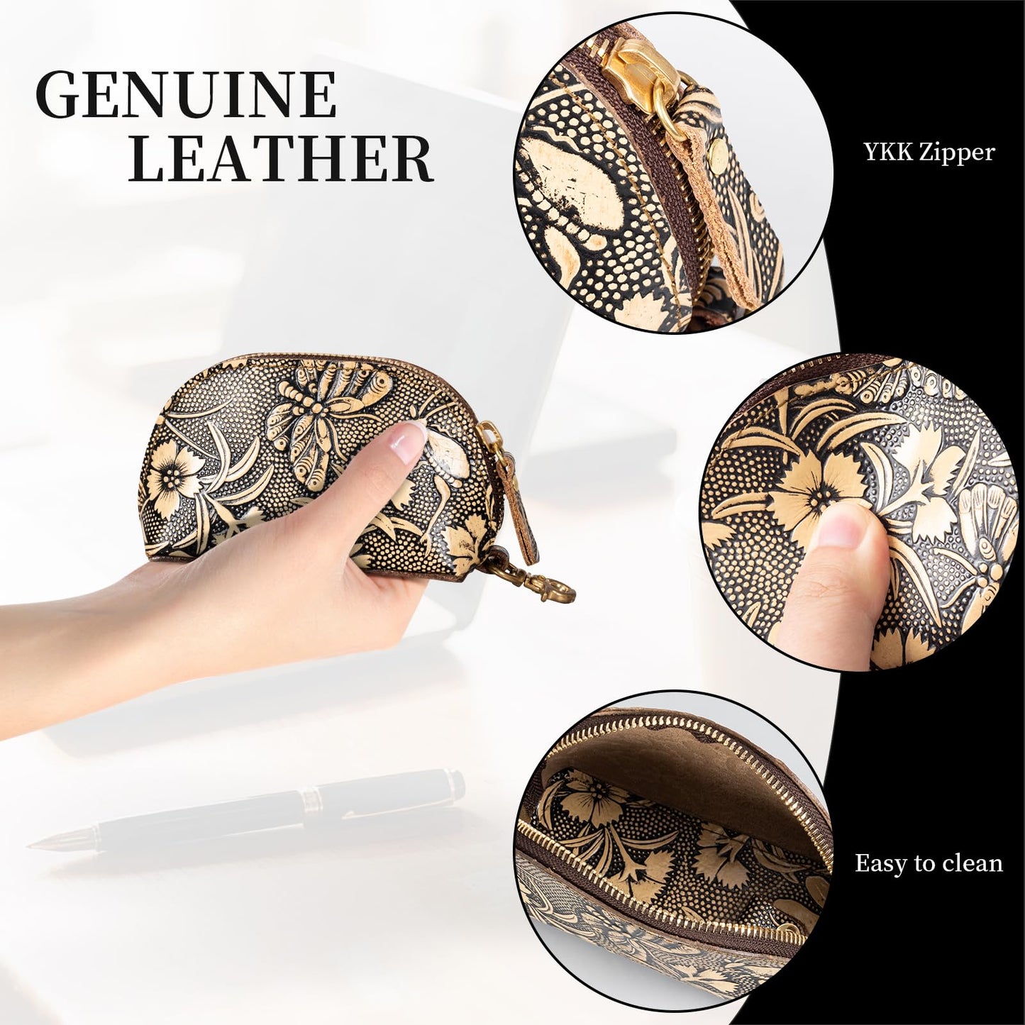 Gexmil Genuine Leather Coin Purse with Zipper, Full Grain Leather, Mini Coin Pouch for Women Men, Change Wallet,Butterfly Grey