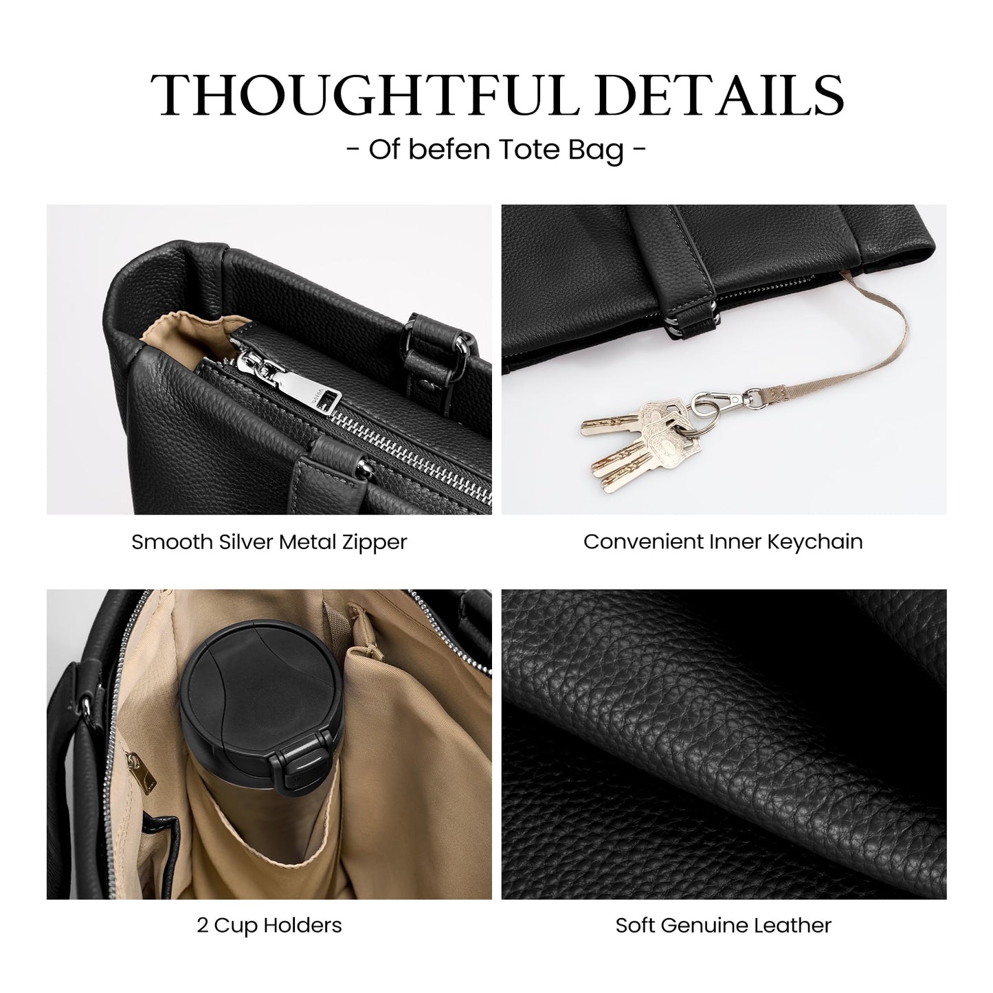 befen Black Genuine Leather Work Tote Bag for Women, Womens Totes Shoulder Purses Satchel Handbags with 15.6" Compartment & Water Cup Holder