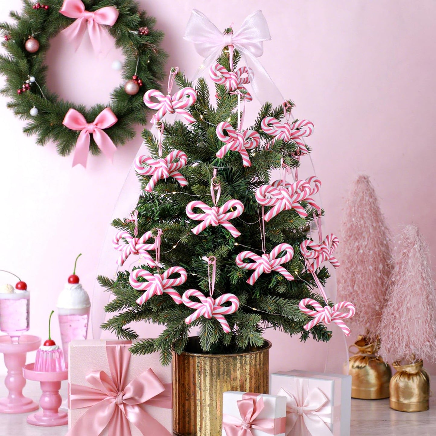 Hungdao 24 Pcs Bow Candy Cane Christmas Ornaments Pink and White Christmas Tree Decoration Stripe Candy Cane Hanging Ornament Polymer Clay Peppermint Pendant for for Xmas Tree Home Party Holiday Decor