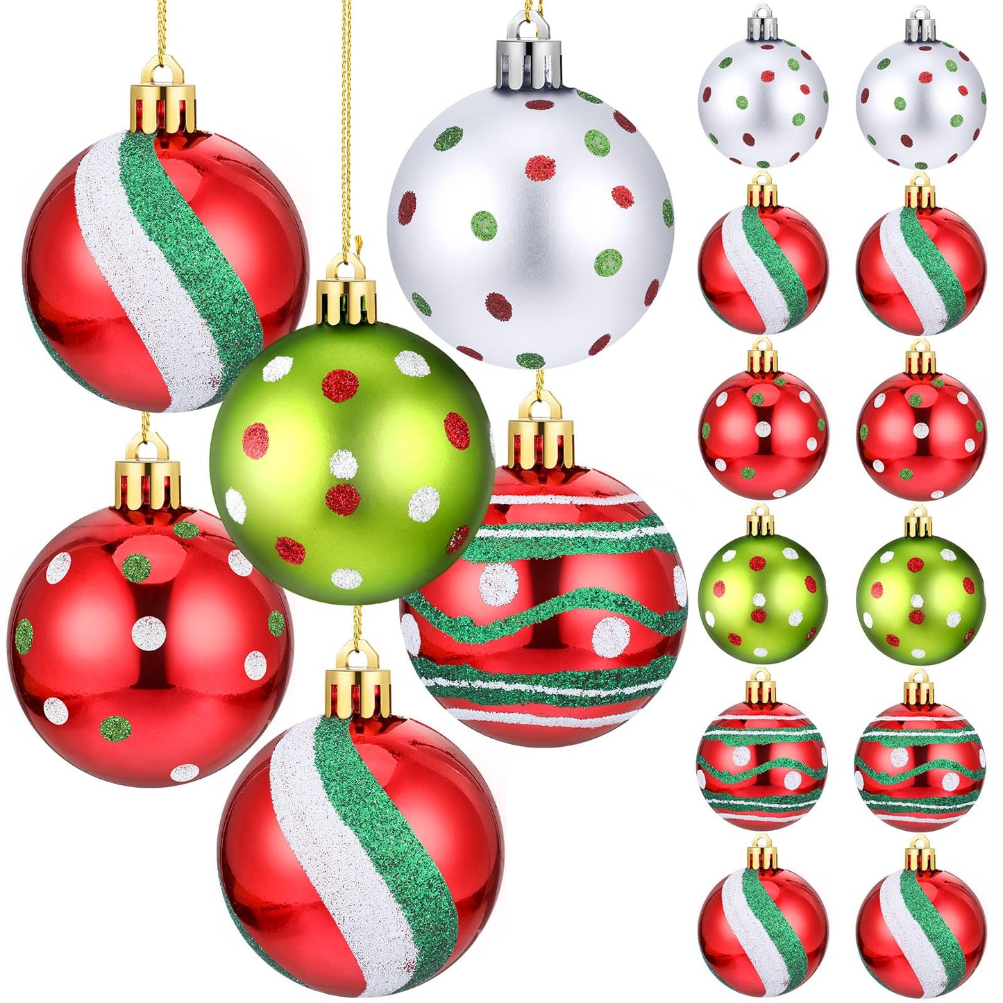 Beeveer 12 Pcs Christmas Tree Ornaments 2.4 Inch Glittering Red Green White Swirl Candy Cane Balls Plastic Pendants for Xmas Party Decorations