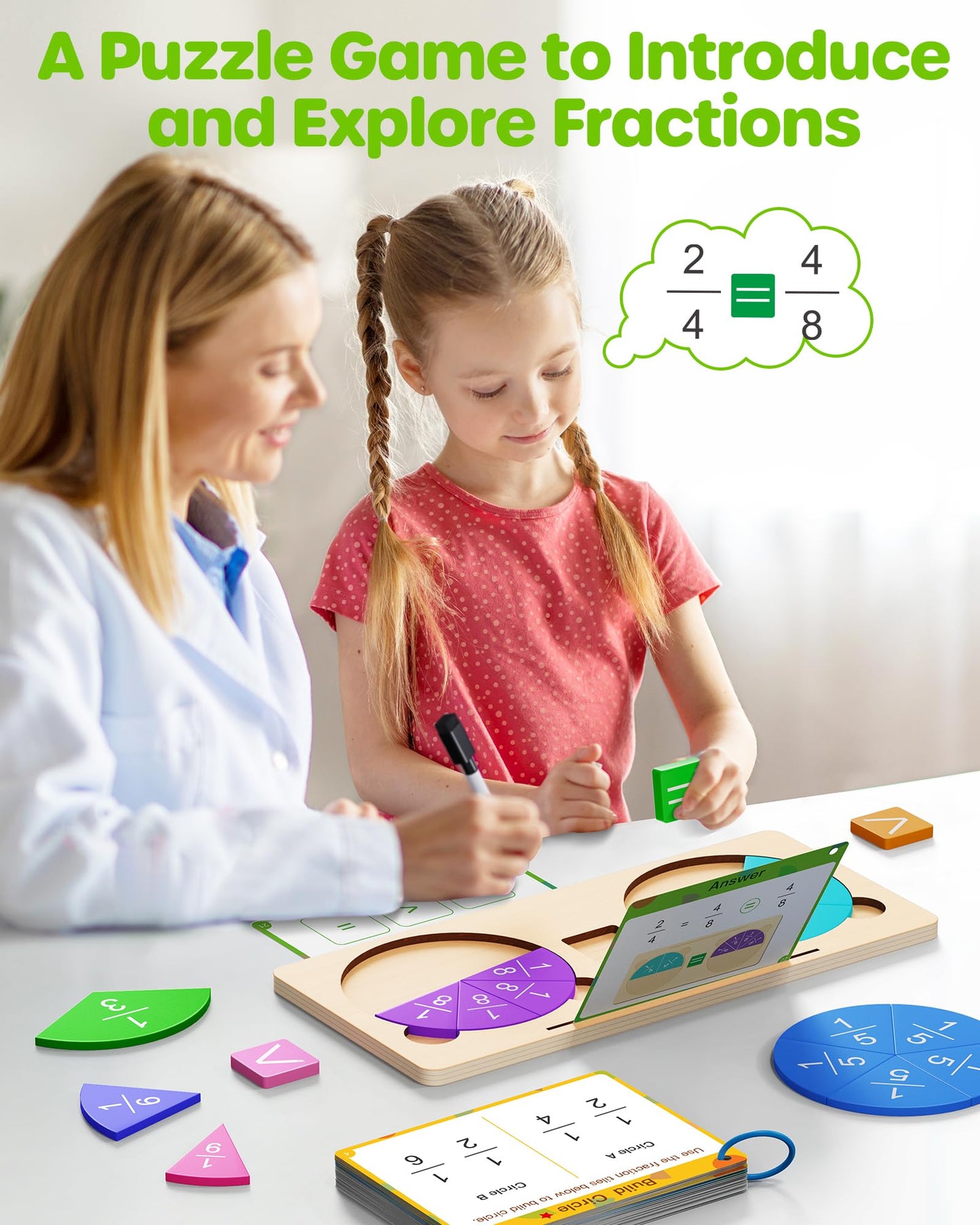D-FantiX Wooden Fraction Educational Puzzle, Wood Fraction Tiles & Fraction Circles Set, Math Manipulatives for Elementary School, Montessori Fraction Manipulatives Games Learning Toys for Kids