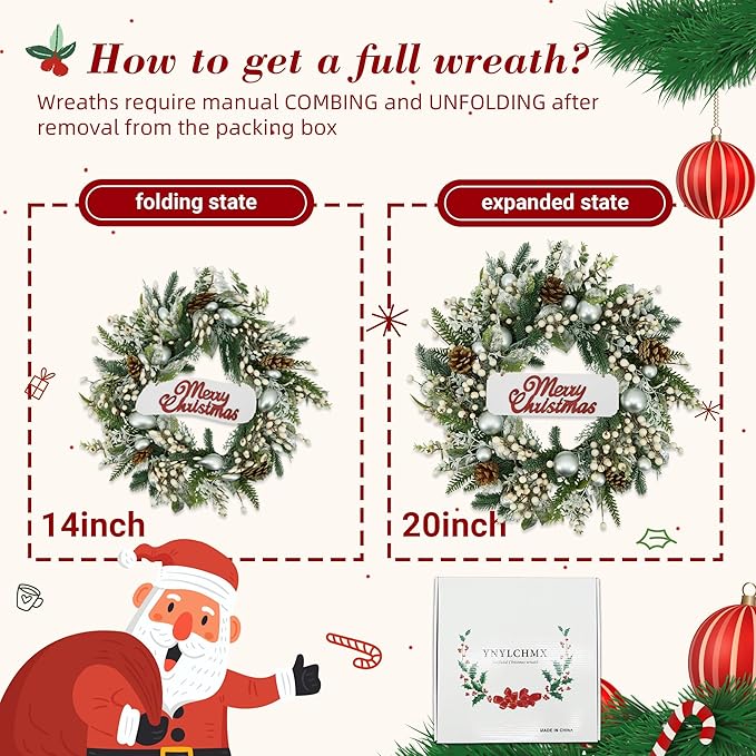 YNYLCHMX 20 Inch Winter Wreath for Front Door, Winter Wreaths with Welcome Sign Pine Needle Pine Cone Berry Artificial Door Wreaths for Window Wall Fireplace Farmhouse Holiday Party Decoration