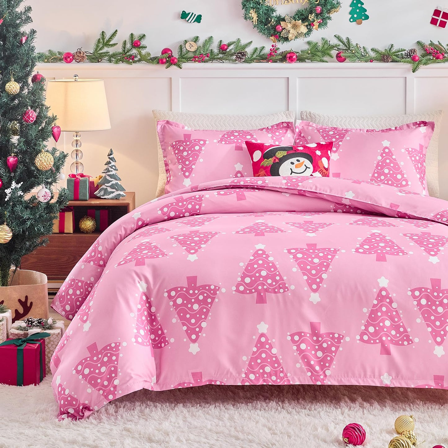 Joyreap 3pcs Christmas Duvet Cover Set King, Pink Xmas Tree Design Bedding Set, Includes 1 Duvet Cover and 2 Pillow Shams