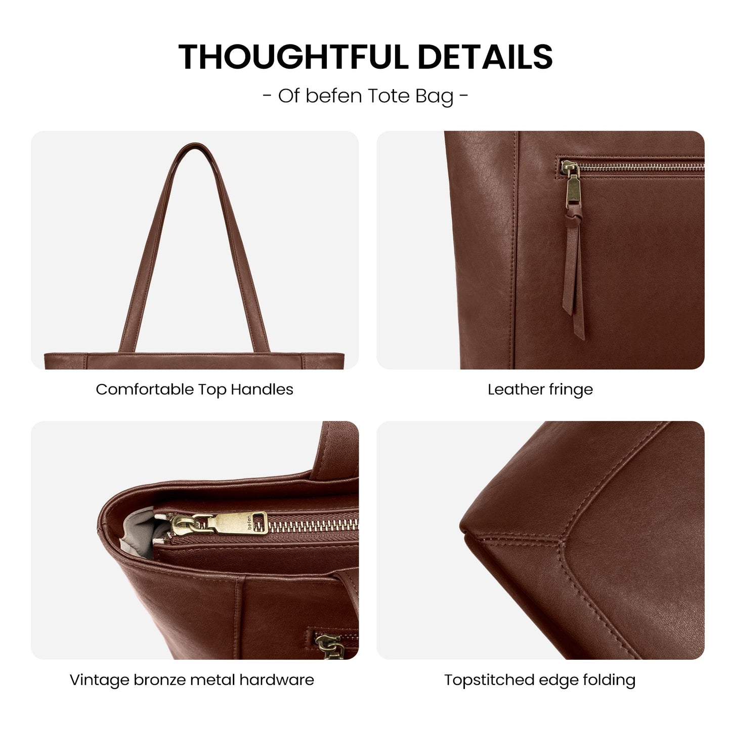 befen Genuine Leather Tote Bag for Women Work, Large Tote Bag with Zipper Real Leather Purse with 15.6" Compartment Womens Designer Shoulder And Handbags For Travel Everyday, Brown