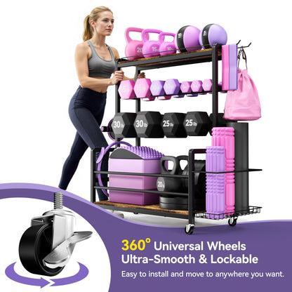 Dumbbell Rack with Wheels, 3-Tier Home Gym Storage Rack, Workout Equipment Organizer with Lockable Casters, Hooks, Side Basket and Wood Shelves