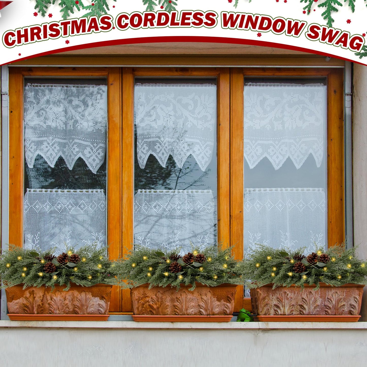 Yalikop 24.5 inch Christmas Swags with Light Artificial Pine Needles Swag Decoration Greenery Christmas Swag for Front Door Window Stair Fireplace Mantle Holiday Xmas Decor (Pine Cone)