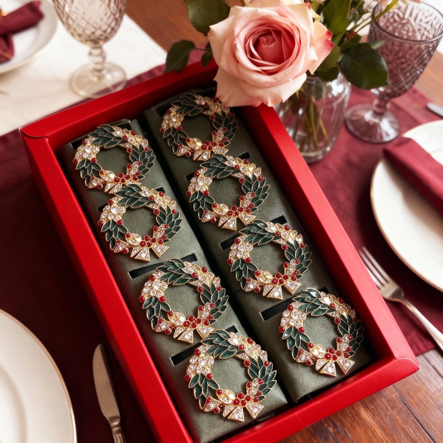 Christmas Wreath Napkin Rings Set of 8, Enamel Berry Gold Alloy Napkin Holders, Holiday Table Decor for Christmas Dinner Place Settings