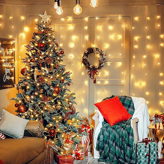 JMEXSUSS 200 LED Curtain Lights Battery Operated & USB Plug in, 8 Modes Warm White Christmas Curtain String Lights for Backdrop Bedroom Classroom Wedding Party Decorations