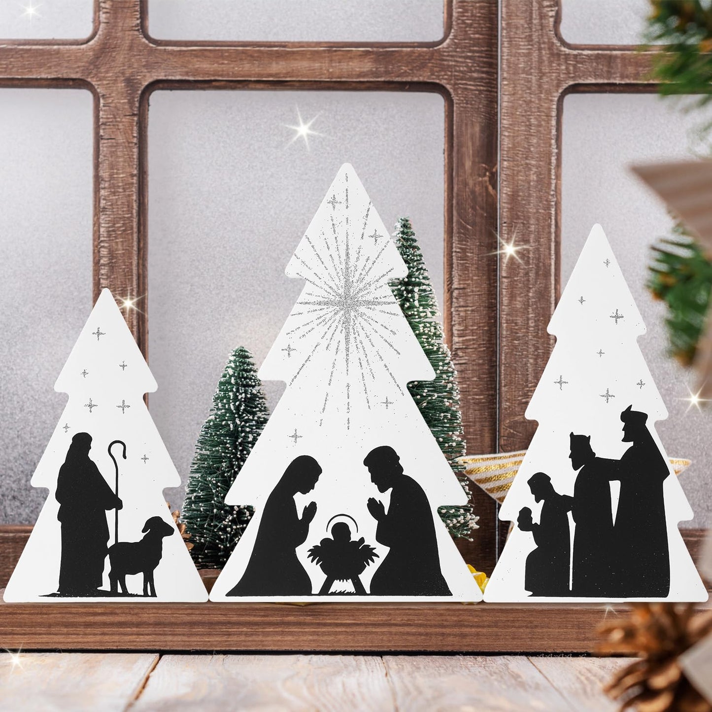 Chunful 3 Pcs Jesus Nativity Wooden Decor Black White Wood Centerpiece Christmas Table Sign Rustic Wood Tree Nativity Scene for Christmas Home Tabletop Mantel Fireplace Party Decoration