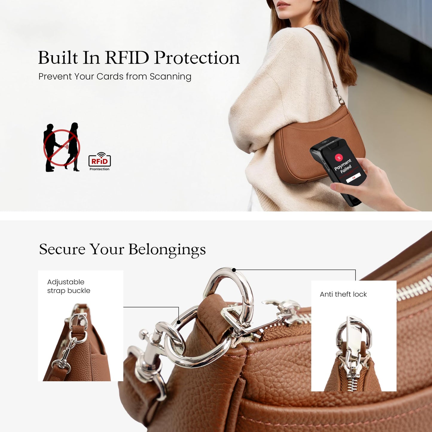 befen Genuine Leather Purse for Women Brown Shoulder Bag Anti Theft Crossbody Bag Soft Real Leather Hobo Crossbody with RFID Blocking Fashion Purse Desinger Women's Shoulder Handbags with 2 Straps