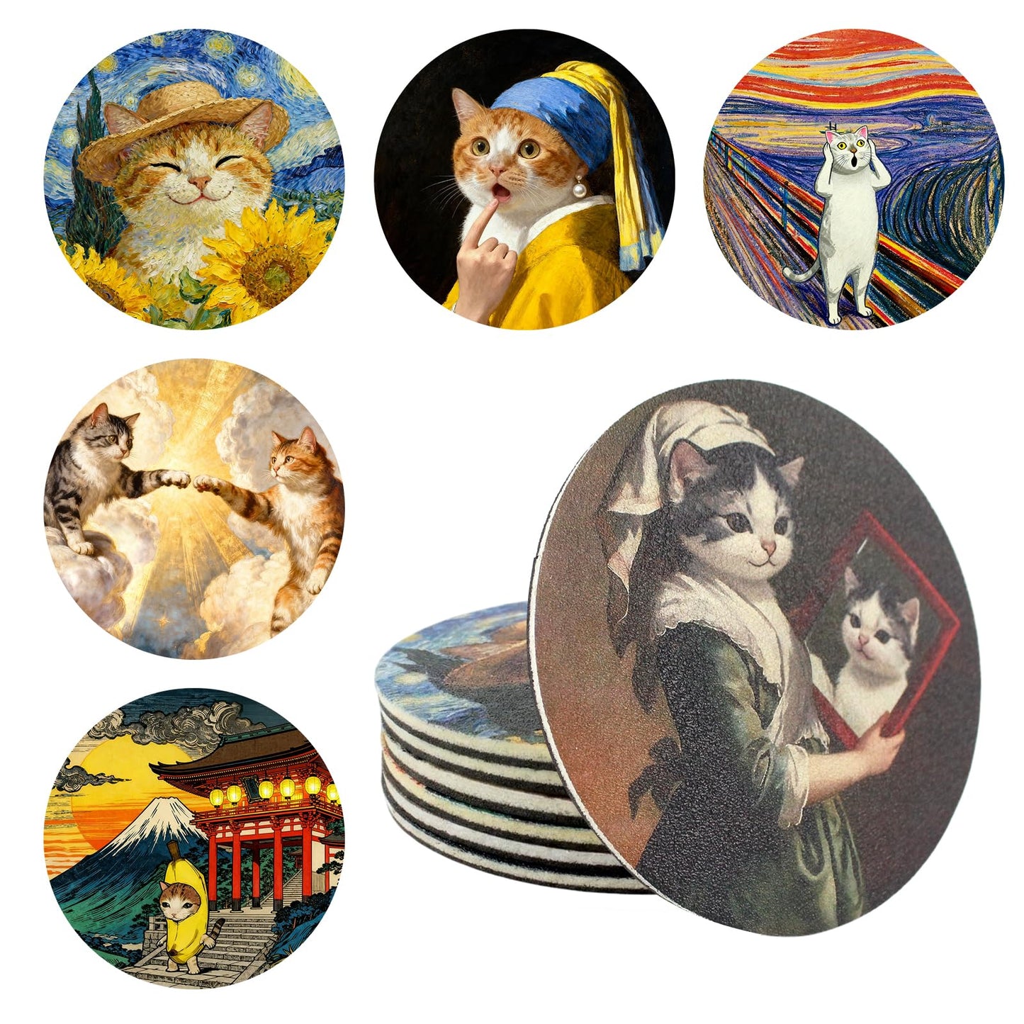 TBWHL Funny Coasters Set of 6, Fun Cat Drink Coasters, Absorbent Drink Anime Cat Coasters, Non Slip Cute Coasters for Desk, Coffee Table, Dining Room Decor