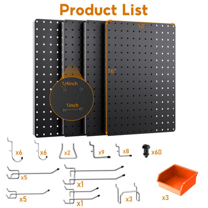 Hogurity Peg Board, 110pcs Metal Pegboard Kit, Includes 4 Pack Black Peg Board Panels with Accessories and Hook Locks, Large Heavy Duty Peg Boards for Walls Home, Garage Tool Storage, Workbench