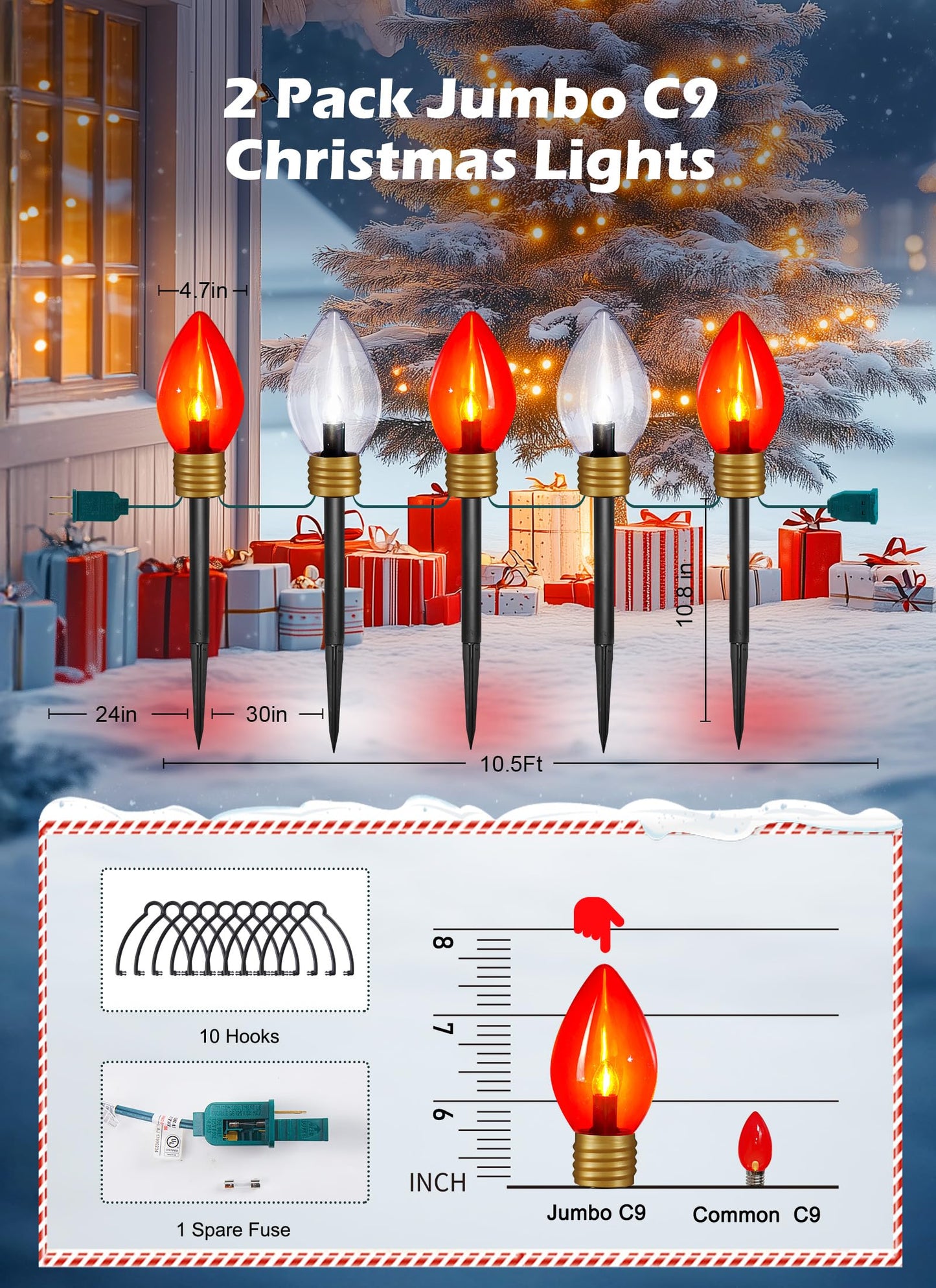 Brightown 2 Pack Outdoor Christmas Decorations - Jumbo Xmas String Lights and Pathway Marker Lights - Large Bulbs Hanging Waterproof Lawn Decoration for Holiday Home Tree Roof, Red and White