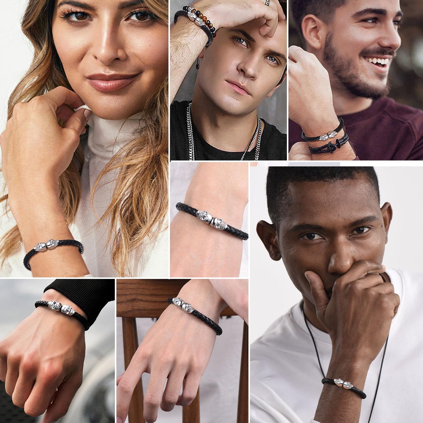 U7 Personalized Skull Bracelets Men Biker Surfer Bracelet Bangle with Stainless Steel Clasp, Braided Black Leather Gothic Twin Skeleton Cuff Bracelet (8.3")
